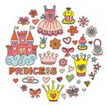 Princess birthday party for little girls. Kindergarten, school children picture. Illustration for children with castle