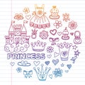 Princess birthday party for little girls. Kindergarten, school children picture. Illustration for children with castle Royalty Free Stock Photo