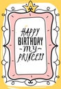 Princess card. Happy birthday postcard with crown, girls party invitation and greeting, pastel pink background, hand Royalty Free Stock Photo