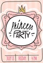 Princess card. Party invitation. Girls birthday greeting. Holiday kids postcard with gold crown on pastel pink Royalty Free Stock Photo