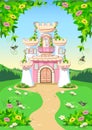 Fairy tale background with princess castle in the forest Royalty Free Stock Photo