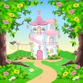 Fairy tale background with princess castle in the forest Royalty Free Stock Photo