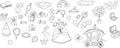 Princess castle carriage decoration sweets jewels cute pictures for girls fairy tale story doodle sketch elements hand drawn vect Royalty Free Stock Photo