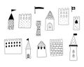 Princess castle vector set. Black doodle medieval castles elements isolated on white. Cute buildings for boys or girls Royalty Free Stock Photo