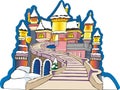 Princess castle in winter. Wide steps to the princess`s castle.