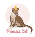 Princess cat with golden crown. Abyssinian cat vector isolated illustration. Portrait of sitting cat