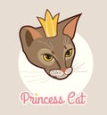 Princess cat head isolated with golden crown. Abyssinian cat vector illustration. Portrait of cat`s head