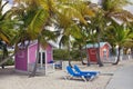 Princess Cays, Bahama Islands- January 8 ,2019.Colorful cabanas and lounge chairs in the tropical island