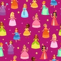 Princess child seamless pattern vector illustration, cartoon flat cute little girl characters of different races