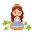 Princess Cinderella sitting on pumpkin with mouse. Cartoon vector illustration