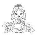 Princess Cinderella sitting on pumpkin with mouse coloring page. Black and white cartoon illustration