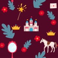 Princess crown. Kids vector seamless pattern. castle for princess fairy tale, horse, mirror, Royalty Free Stock Photo