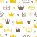 Princess crown seamless pattern. Crowns print, baby queen party background. Cute doodle nursery fabric print, royalty Royalty Free Stock Photo