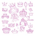 Princess crown set, hand drawn vector Royalty Free Stock Photo