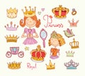 Princess crown set, hand drawn vector Royalty Free Stock Photo