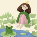 A princess in a crown crown sits near the frog prince