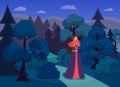 Princess crying in night scary forest, waiting for knight savior, fairytale story Royalty Free Stock Photo