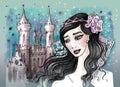 Princess with dark hair and her castle behind Royalty Free Stock Photo