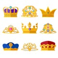 Princess diadems and golden crowns of kings and queens. Vector set isolate on white Royalty Free Stock Photo