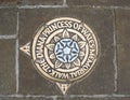 Princess Diana Memorial Walk in London, Metal plaque in pavement, top down view.