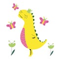 Princess dinosaur, flowers and butterflies. Pink dinosaur. Vector illustration
