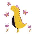 Princess dinosaur, flowers and butterflies. Pink dinosaur. Vector illustration