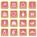 Princess doll icons set pink square vector