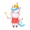 Princess fairy happy girl unicorn golden crown magic wand isolated 3d cute cartoon design vector children Illustration