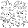 Beautiful princess with spring flowers and a unicorn. Vector black and white coloring page. Royalty Free Stock Photo
