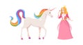 Princess and fairy unicorn. Cute cartoon female character in pink dress and tiara, white horse with rainbow tail and Royalty Free Stock Photo