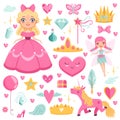 Princess with fairytale unicorn, wizard and their magic elements. Vector pictures set