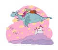 The princess is flying on a dragon. Queen and dinosaur.