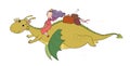 The princess is flying on a dragon. Queen and dinosaur.