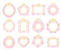 Princess frame. Cute crown border, royal mirror frames and majestic prince doodle borders isolated vector set