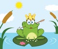 Princess Frog Cartoon Mascot Character With Crown And Arrow Perched On A Pond Lily Pad In Lake Royalty Free Stock Photo