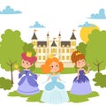 Princess girls in evening gowns banner vector illustration. Elegant little female characters in flat style. Fashionable