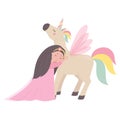 The princess hugs the unicorn cute childrens fairy tale characters. Flat cartoon vector illustration Royalty Free Stock Photo