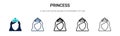 Princess icon in filled, thin line, outline and stroke style. Vector illustration of two colored and black princess vector icons