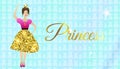 Princess Illustration Design with Dancing Fairy or Girl in Gold and Pink Dress and Blue Background