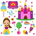 Princess kit. Stickers, clip art for girls. Castle, dress, shoes and other fairy symbols for kids games and cards