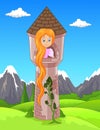 Princess with long hair waiting on the tower