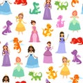 Princess and medieval girls and dragons seamless vector pattern. Fairytale girls princesses in colorful dresses and Royalty Free Stock Photo
