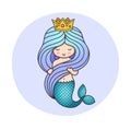 Princess mermaid with crown and long beautiful gradient blue hair.