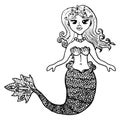 Mermaid in a tiade sketch vector illustration in black and white