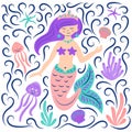 Princess mermaid and sea life. Fairy tale character. Undersea world. Vector clipart.