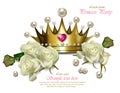 Beautiful pearl crown and white roses Vector realistic. Princess party cards Royalty Free Stock Photo