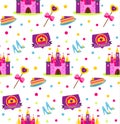 Princess party pattern. Vector background with girls design elements. Castle, shoes, wand, cake. For party invitations, gift wrapp Royalty Free Stock Photo