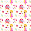 Princess party pattern. Vector background with girls design elements. Queen, carriage, castle, wand. For party invitations, gift w