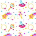 Princess party pattern. Vector background with girls design elements. Shoes, stars, mirror, necklace. For party invitations, gift