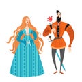 Princess and prince with a flower. Funny cartoon characters in historical costumes.